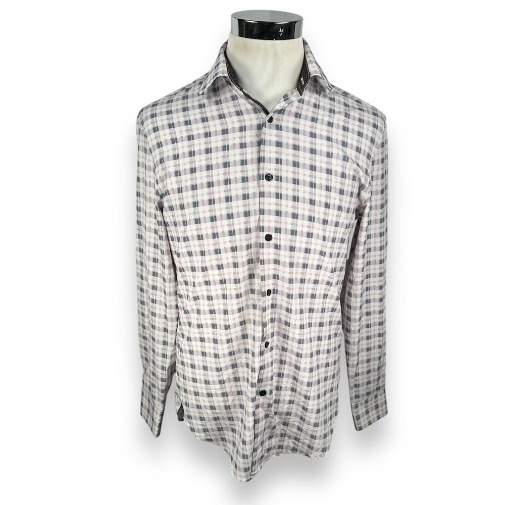 WRK 4-Way Stretch Dress Shirt Men’s 15.5 White Gray Pink‎ Long Sleeve Check